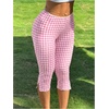 image:imageRoseSeek Womens Gingham Split Leggings Lace Low Rise Elastic Waist Skinny Capri PantsPink