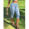 image:imageRoseSeek Womens Gingham Split Leggings Lace Low Rise Elastic Waist Skinny Capri PantsPlaid Blue