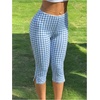 image:imageRoseSeek Womens Gingham Split Leggings Lace Low Rise Elastic Waist Skinny Capri PantsPlaid Blue