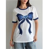 image:imageRoseSeek Womens Graphic Cherry Bow Tees Casual Letter Print Round Neck T Shirt Summer Short Sleeve Trendy TopsWhite Bow Blue
