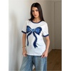 image:imageRoseSeek Womens Graphic Cherry Bow Tees Casual Letter Print Round Neck T Shirt Summer Short Sleeve Trendy TopsWhite Bow Blue
