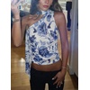 image:imageRoseSeek Womens Leopard Polka Dots Halter One Shoulder Tops Asymmetrical Slim Fit Cropped Y2K Going Out TopsBlue and White