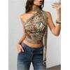 image:imageRoseSeek Womens Leopard Polka Dots Halter One Shoulder Tops Asymmetrical Slim Fit Cropped Y2K Going Out TopsBrown Cheetah