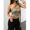 image:imageRoseSeek Womens Leopard Polka Dots Halter One Shoulder Tops Asymmetrical Slim Fit Cropped Y2K Going Out TopsDeer Brown