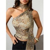 image:imageRoseSeek Womens Leopard Polka Dots Halter One Shoulder Tops Asymmetrical Slim Fit Cropped Y2K Going Out TopsDeer Brown