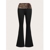 image:imageRoseSeek Womens Leopard Print Foldover Color Block Flare Pants Elastic High Waisted Bell BottomsBlack