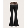 image:imageRoseSeek Womens Leopard Print Foldover Color Block Flare Pants Elastic High Waisted Bell BottomsBlack