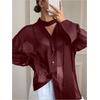 image:imageRoseSeek Womens Mesh Sheer Button Up Blouses Sexy See Through Tops Knot Front Flowy Long Sleeve ShirtsBurgundy