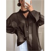 image:imageRoseSeek Womens Mesh Sheer Button Up Blouses Sexy See Through Tops Knot Front Flowy Long Sleeve ShirtsCoffee Brown