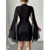 image:imageRoseSeek Womens Mock Neck Rib Knit Bodycon Mini Dress Slit Mesh Long Sleeve Elegant DressesBlack