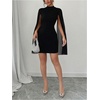 image:imageRoseSeek Womens Mock Neck Rib Knit Bodycon Mini Dress Slit Mesh Long Sleeve Elegant DressesBlack