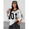 image:imageRoseSeek Womens Number Print Mesh Oversized Jersey Shirts Striped Trim Half Sleeve Baggy Camo Graphic TeesBlack and White