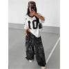image:imageRoseSeek Womens Number Print Mesh Oversized Jersey Shirts Striped Trim Half Sleeve Baggy Camo Graphic TeesBlack and White