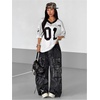 image:imageRoseSeek Womens Number Print Mesh Oversized Jersey Shirts Striped Trim Half Sleeve Baggy Camo Graphic TeesBlack and White