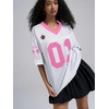 image:imageRoseSeek Womens Number Print Mesh Oversized Jersey Shirts Striped Trim Half Sleeve Baggy Camo Graphic TeesHot Pink