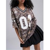 image:imageRoseSeek Womens Number Print Mesh Oversized Jersey Shirts Striped Trim Half Sleeve Baggy Camo Graphic TeesMulticolor