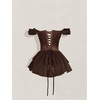 image:imageRoseSeek Womens Off Shoulder Corset Dress Ruffle Hem Lace Up Mini Dress Gothic Lolita OutfitsBrown