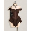 image:imageRoseSeek Womens Off Shoulder Corset Dress Ruffle Hem Lace Up Mini Dress Gothic Lolita OutfitsBrown