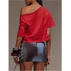 image:imageRoseSeek Womens Off Shoulder Letter Graphic Tees Short Sleeve Loose T Shirts Asymmetric Crop TopsRed