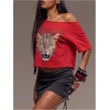 image:imageRoseSeek Womens Off Shoulder Letter Graphic Tees Short Sleeve Loose T Shirts Asymmetric Crop TopsRed