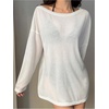 image:imageRoseSeek Womens Off Shoulder Swimsuit Sheer Mesh Coverup See Through Long Sleeve Bathing Suit Cover Up BeachwearWhite