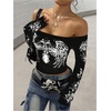 image:imageRoseSeek Womens Off The Shoulder Goth Graphic Tees Long Sleeve Slim Fit Y2K Crop Tops Vintage T ShirtBlack
