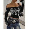 image:imageRoseSeek Womens Off The Shoulder Goth Graphic Tees Long Sleeve Slim Fit Y2K Crop Tops Vintage T ShirtBlack