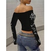 image:imageRoseSeek Womens Off The Shoulder Goth Graphic Tees Long Sleeve Slim Fit Y2K Crop Tops Vintage T ShirtBlack