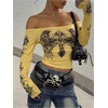 image:imageRoseSeek Womens Off The Shoulder Goth Graphic Tees Long Sleeve Slim Fit Y2K Crop Tops Vintage T ShirtYellow