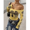image:imageRoseSeek Womens Off The Shoulder Goth Graphic Tees Long Sleeve Slim Fit Y2K Crop Tops Vintage T ShirtYellow