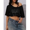 image:imageRoseSeek Womens Off The Shoulder Tops Gothic Graphic Tee Y2k Grunge Outfits Vintage Summer Going Out TopsDeep Black