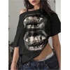 image:imageRoseSeek Womens Off The Shoulder Tops Short Sleeve Lip Graphic Tees Retro Y2K Summer T ShirtsBlack