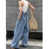 image:imageRoseSeek Womens One Piece Sleeveless Wide Leg Denim Jumpsuit Y2K Casual Bow Backless Loose Jean OverallsBlue