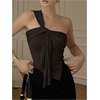 image:imageRoseSeek Womens One Shoulder Twist Front Tank Top Sleeveless Fitted Ruched Going Out Tops Date Night OutfitBrown