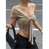 image:imageRoseSeek Womens One Shoulder Twist Front Tank Top Sleeveless Fitted Ruched Going Out Tops Date Night OutfitLight Khaki