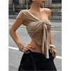 image:imageRoseSeek Womens One Shoulder Twist Front Tank Top Sleeveless Fitted Ruched Going Out Tops Date Night OutfitLight Khaki