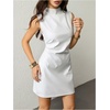image:imageRoseSeek Womens PU Leather Ruched Bodycon Dresses Mock Neck Sleeveless Zipper Mini Tank DressBeige
