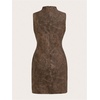 image:imageRoseSeek Womens PU Leather Ruched Bodycon Dresses Mock Neck Sleeveless Zipper Mini Tank DressBrown