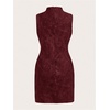 image:imageRoseSeek Womens PU Leather Ruched Bodycon Dresses Mock Neck Sleeveless Zipper Mini Tank DressBurgundy