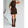 image:imageRoseSeek Womens PU Leather Ruched Bodycon Dresses Mock Neck Sleeveless Zipper Mini Tank DressCoffee Brown