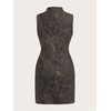 image:imageRoseSeek Womens PU Leather Ruched Bodycon Dresses Mock Neck Sleeveless Zipper Mini Tank DressGrey