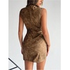 image:imageRoseSeek Womens PU Leather Ruched Bodycon Dresses Mock Neck Sleeveless Zipper Mini Tank DressKhaki