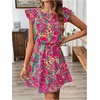 image:imageRoseSeek Womens Paisley Floral Ruffle Cap Sleeve Boho Dress Crew Neck Tie Back Vacation Summer DressesPink