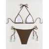 image:imageRoseSeek Womens Pearl Beaded Cheeky Micro Bikini Sets High Cut Triangle String Thong SwimsuitsBrown