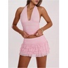 image:imageRoseSeek Womens Polka Dots Ruffle Tiered Layered Skirts Low Rise Ruched Y2K A Line Mini SkirtPure Coral Pink