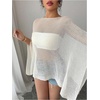 image:imageRoseSeek Womens See Through Knit Poncho Shawl 34 Sleeve Split Asymmetrical Shrug Sweater Cover UpApricot