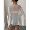 image:imageRoseSeek Womens See Through Knit Poncho Shawl 34 Sleeve Split Asymmetrical Shrug Sweater Cover UpApricot