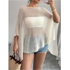 image:imageRoseSeek Womens See Through Knit Poncho Shawl 34 Sleeve Split Asymmetrical Shrug Sweater Cover UpApricot