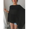 image:imageRoseSeek Womens See Through Knit Poncho Shawl 34 Sleeve Split Asymmetrical Shrug Sweater Cover UpBlack