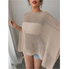 image:imageRoseSeek Womens See Through Knit Poncho Shawl 34 Sleeve Split Asymmetrical Shrug Sweater Cover UpKhaki